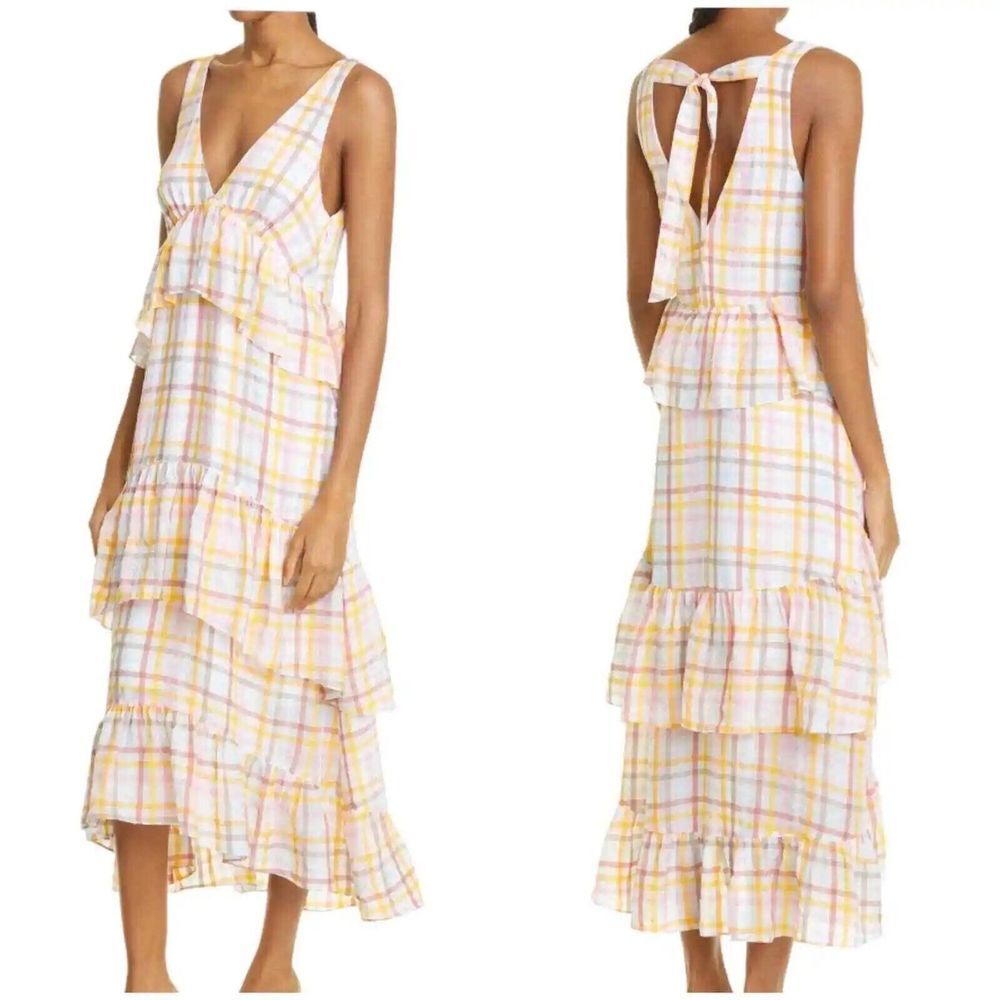 Cinq A Sept Astor Dress Pink Cream Yellow Plaid Ruffle Tiered NWT Sz 8 New - Picture 5 of 15